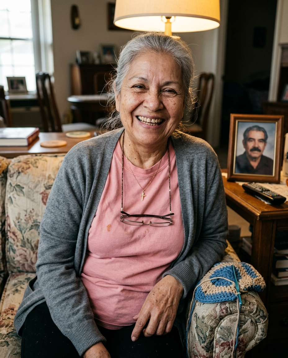 Carmen Delgado en su sala, foto tomada por su hija